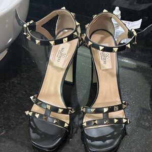 Valentino Garavani Black Leather Rockstud Ankle-Strap High Heels